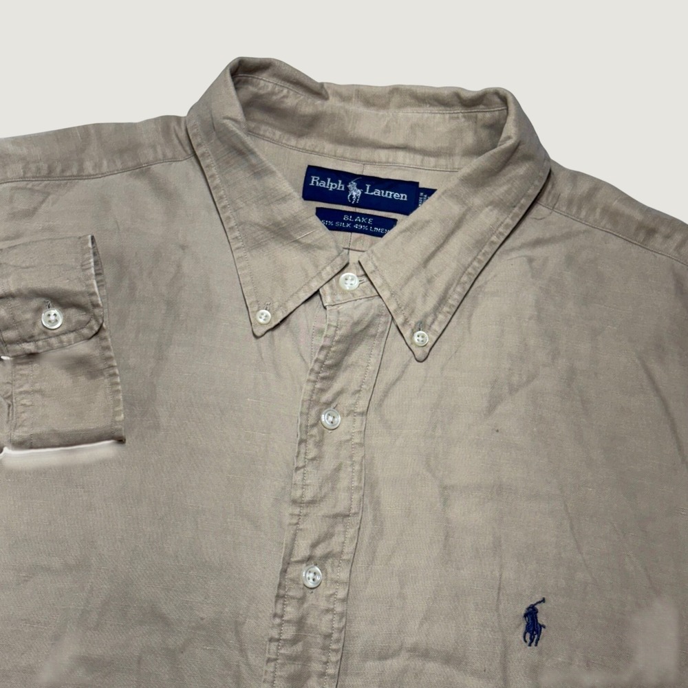 Ralph Lauren Blake Shirt Mens XXL Tan Silk Linen‎ Long Sleeve Button Down Preppy